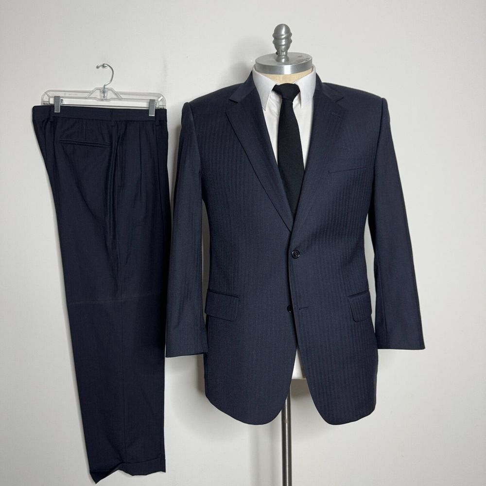 Jos A Bank Suit 43R 35W Mens Blue Herringbone Wool